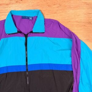 Towncraft Vintage 90s Colorblock Windbreaker Jacket Purple Teal Black Mens 2XL